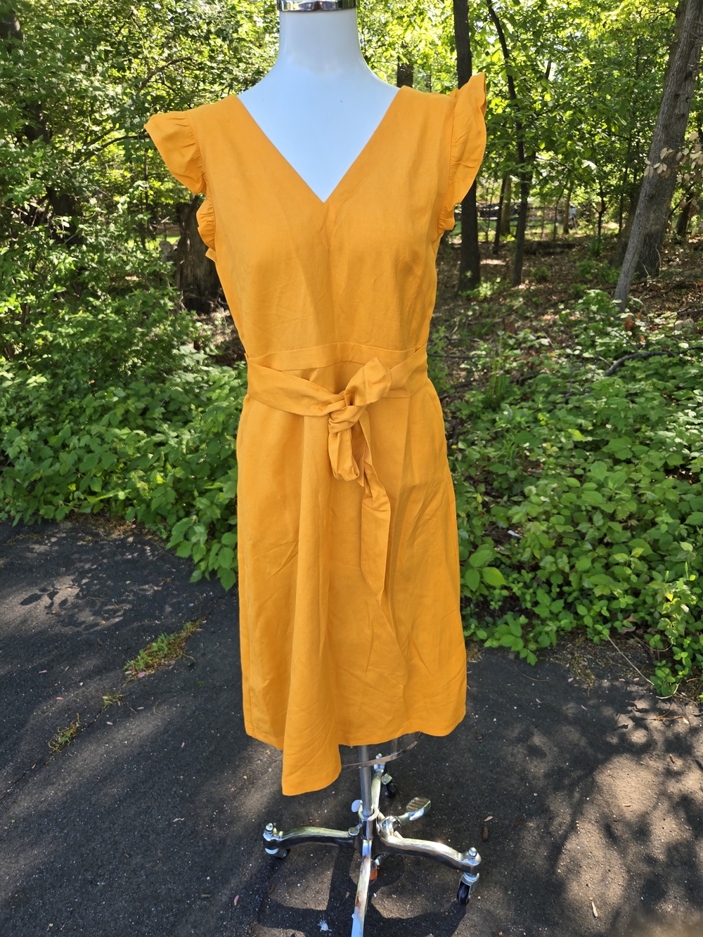 LOFT Mustard V-Neck Tie-Waist Midi Dress with Flutter Sleeves